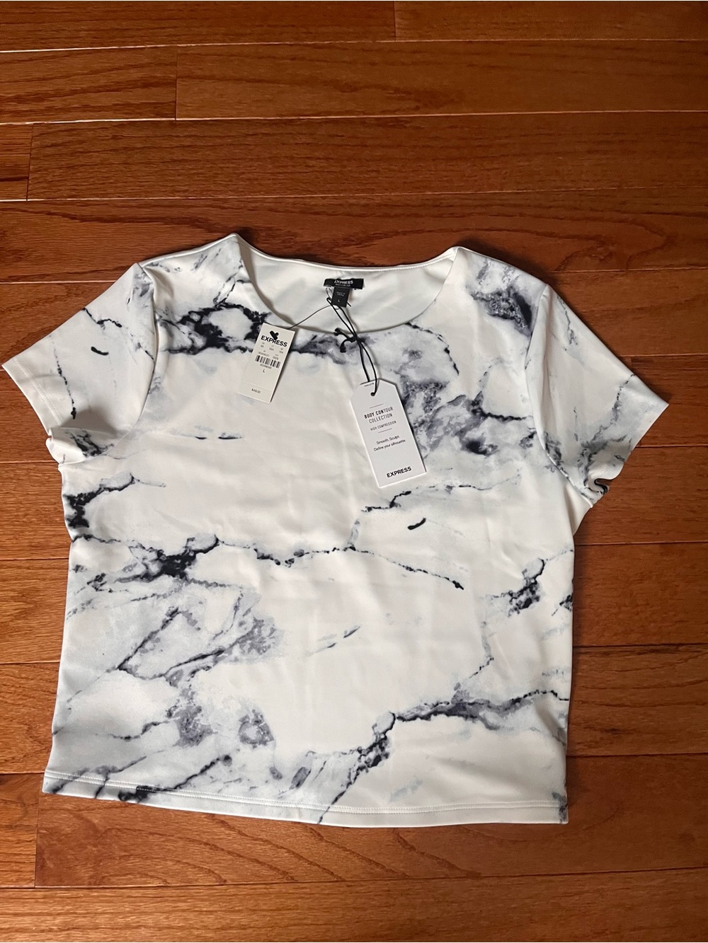 Express White Marble Print Short Sleeve Top